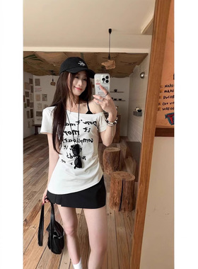 TAKEOFF斜领短袖T恤女装夏季辣妹风修身显瘦不规则设计感露肩上衣