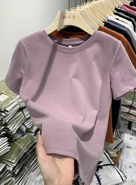 正肩纯棉t恤紫色今年流行的女装搭配2025夏新款纯色圆领短袖修身