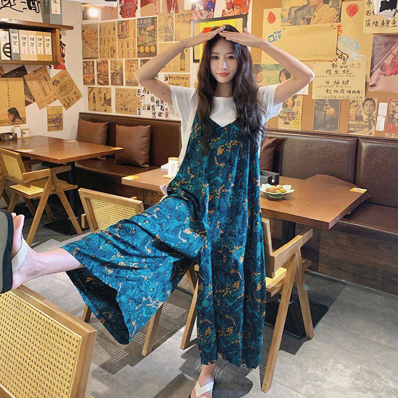 蓝色印花阔腿背带连体裤女2025夏季新款大码宽松韩系穿搭一整套装