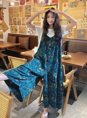 蓝色印花阔腿背带连体裤女2025夏季新款大码宽松韩系穿搭一整套装