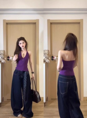 紫色挂脖背心女夏季修身显瘦海边辣妹纯欲ins风性感短款吊带上衣