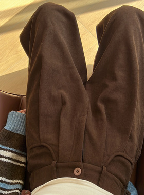 棕色时尚感灯芯绒西装裤女秋冬 2025新款加绒高腰针织休闲阔腿裤