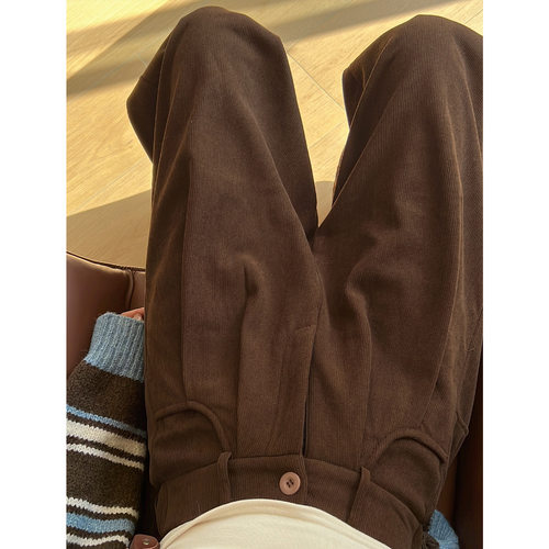 棕色时尚感灯芯绒西装裤女秋冬 2025新款加绒高腰针织休闲阔腿裤