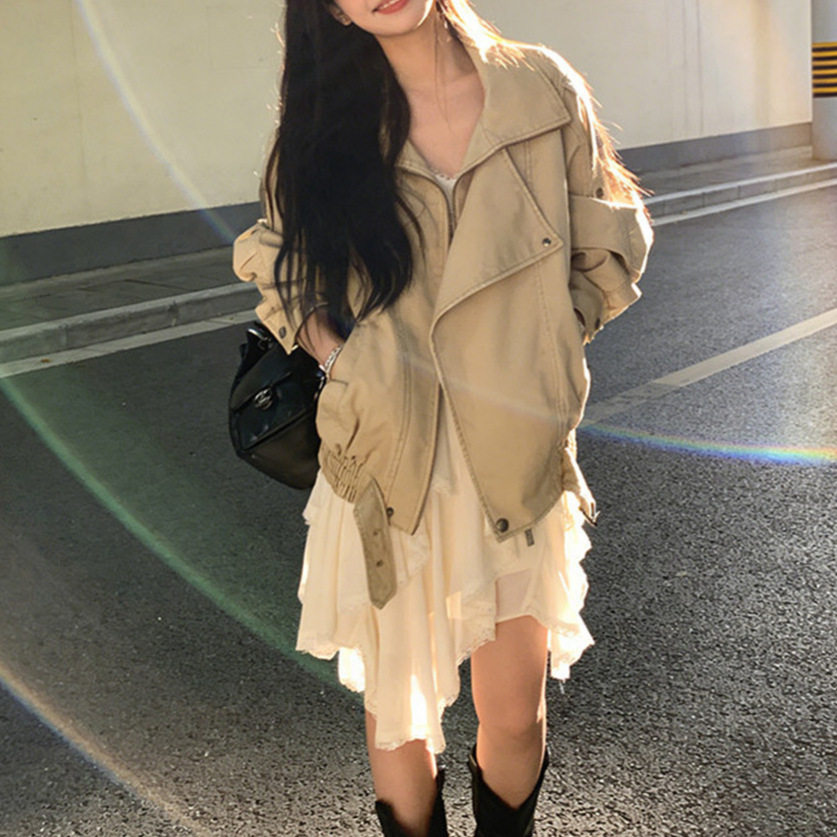 TAKE OFF度假风卡其色机车夹克外套女秋季复古宽松短款机车服风衣