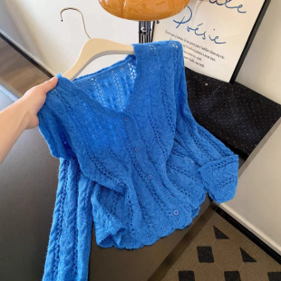 女春季 镂空针织开衫 慵懒风软糯毛衣胖MM显瘦上衣 克莱因蓝长袖 大码