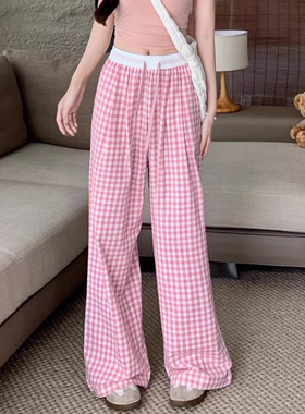 蓝色格子山本裤女夏季薄2025新款高腰休闲宽松bf慵懒风冰丝阔腿裤