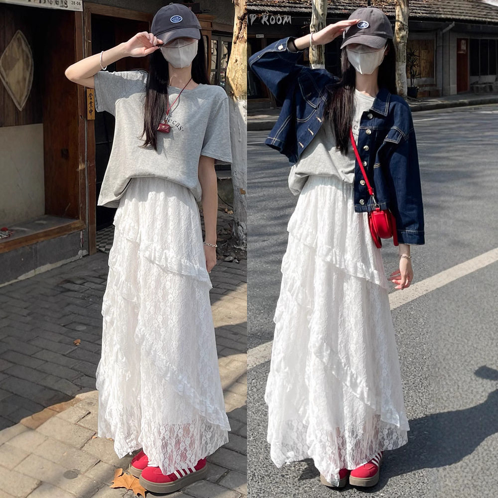 白色蕾丝半身裙女春秋季2025新款垂感a字半裙长裙不规则蛋糕裙子