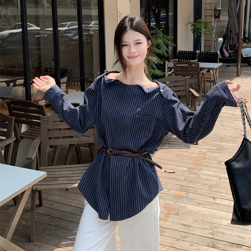 大码条纹一字肩长袖衬衫女秋季法式微胖宽松显瘦高级感气质上衣潮