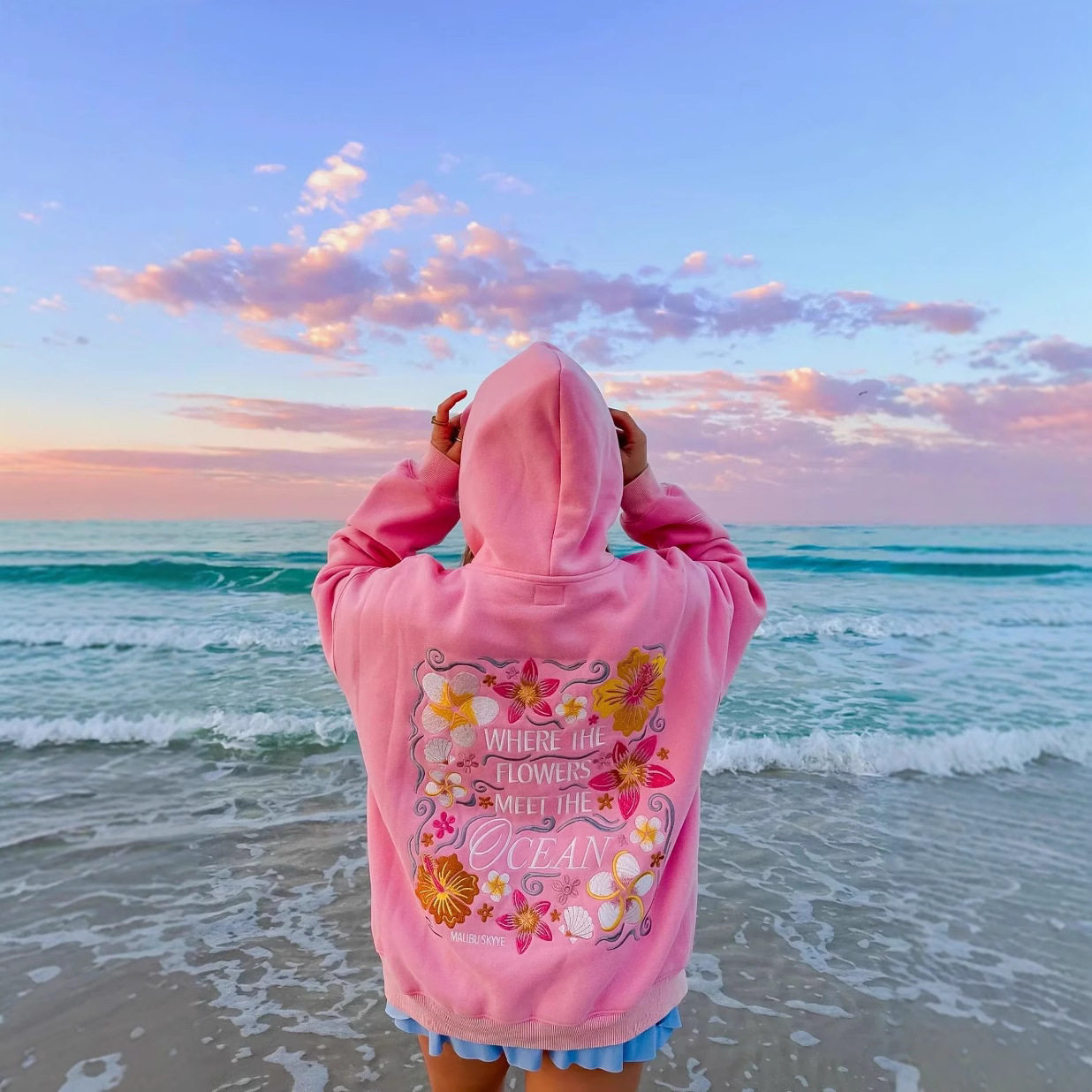 美式复古海边度假风花朵印花加绒重磅连帽卫衣女欧美宽松休闲帽衫