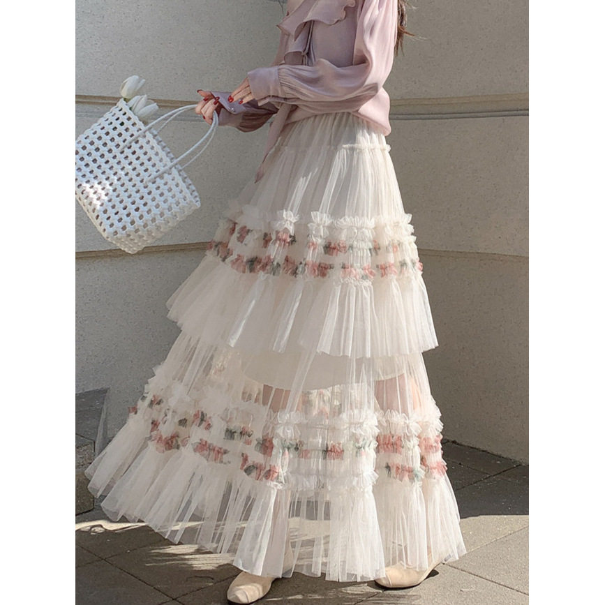 双层花朵百褶网纱蛋糕裙女春夏季甜美风小众设计感A字大摆半身裙