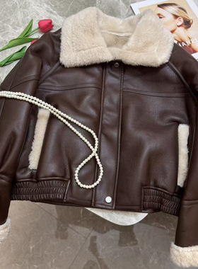 尊叶皮草 羊羔毛皮草夹克短款2025新款皮毛一体外套女甜酷机车服