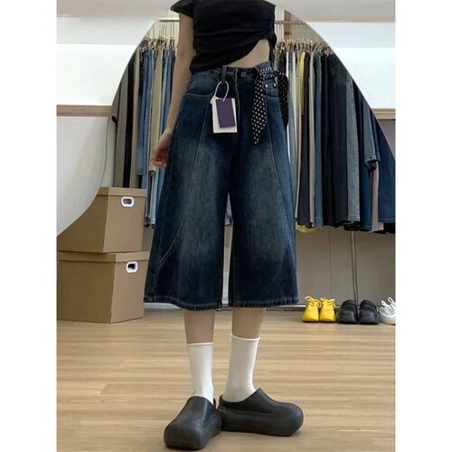 美式复古直筒牛仔七分裤女夏新款胖mm大码梨形身材显瘦宽松阔腿裤