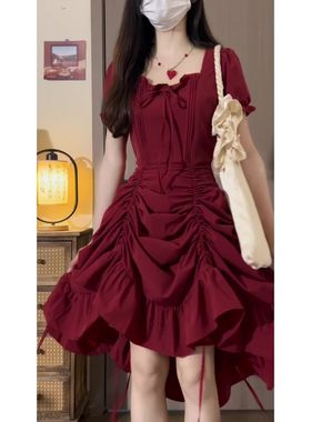 巨好看小众红色连衣裙子女夏季2025新款今年流行爆款法式气质长裙