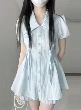 蓝色清纯甜美polo连衣裙女收腰显瘦温柔风夏季新款学院风少女裙子