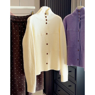 白色高领加厚长袖毛衣外套立领内搭冬季宽松高级感针织开衫上衣女