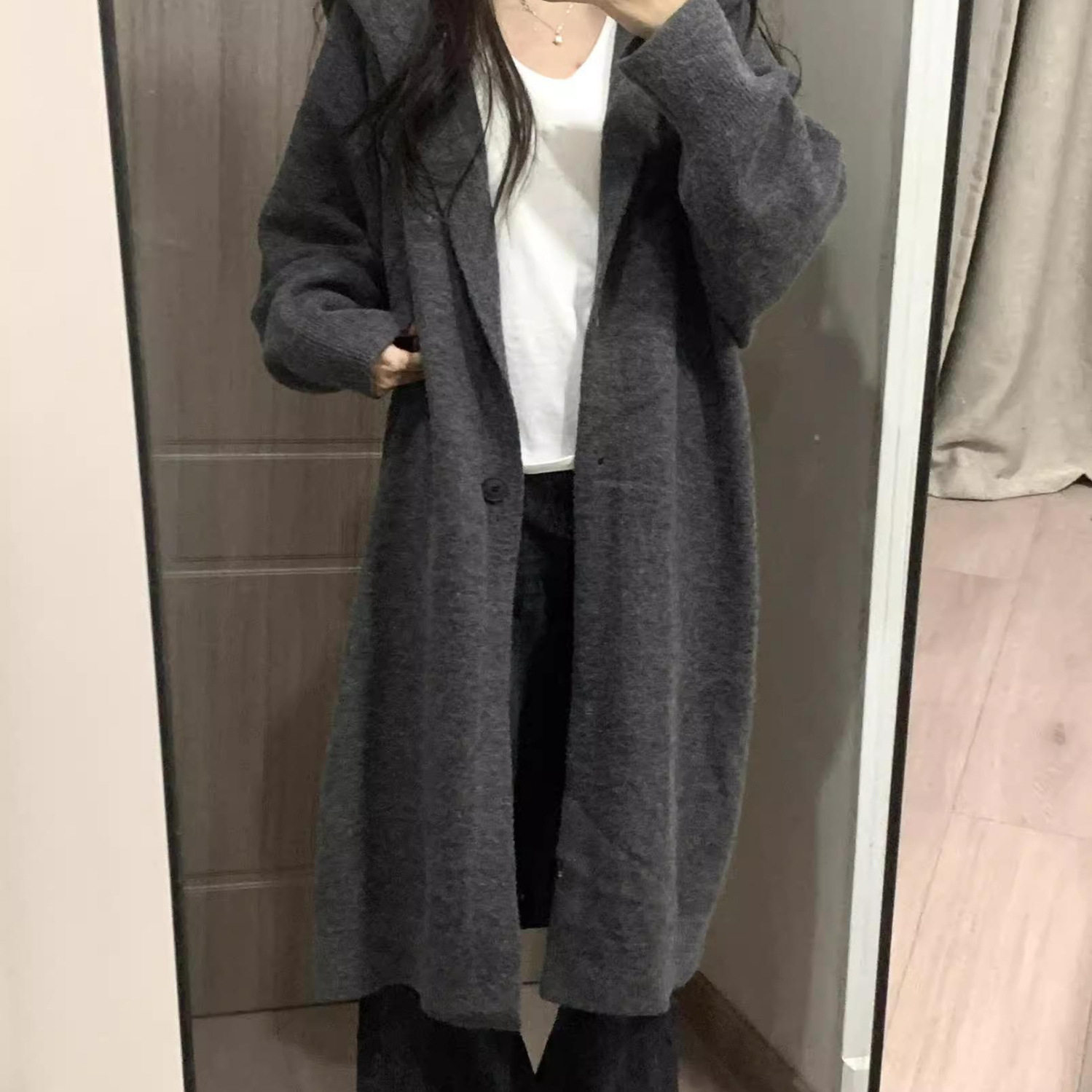 原版韩系慵懒风连帽长款过膝针织开衫女秋冬加厚宽松显瘦外套大衣