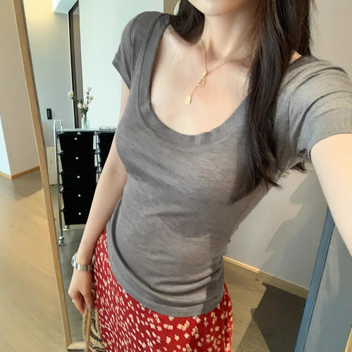 Take off 氧气Tee大U领修身纯欲短袖上衣女夏微透显瘦低领正肩T恤