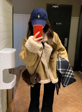 韩系麂皮绒羊羔毛外套女冬短款宽松休闲皮毛一体机车毛绒保暖上衣