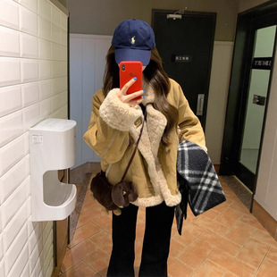 韩系麂皮绒羊羔毛外套女冬短款 宽松休闲皮毛一体机车毛绒保暖上衣