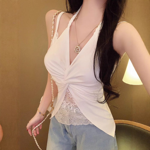 海岛绝美辣妹白色带胸垫的假两件扭结蕾丝吊带背心女挂脖无袖上衣