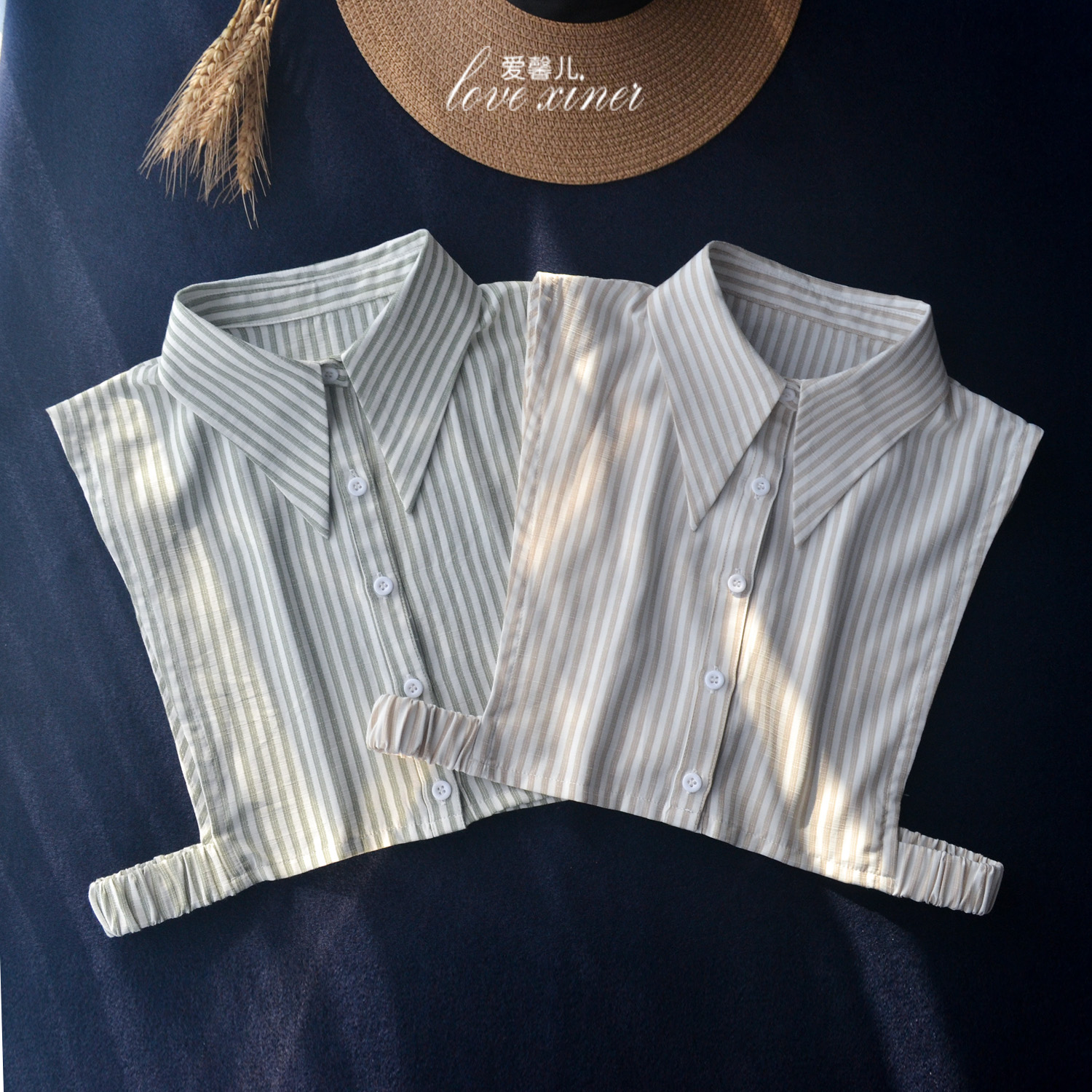 爱馨儿棉麻条纹大尖角假领子