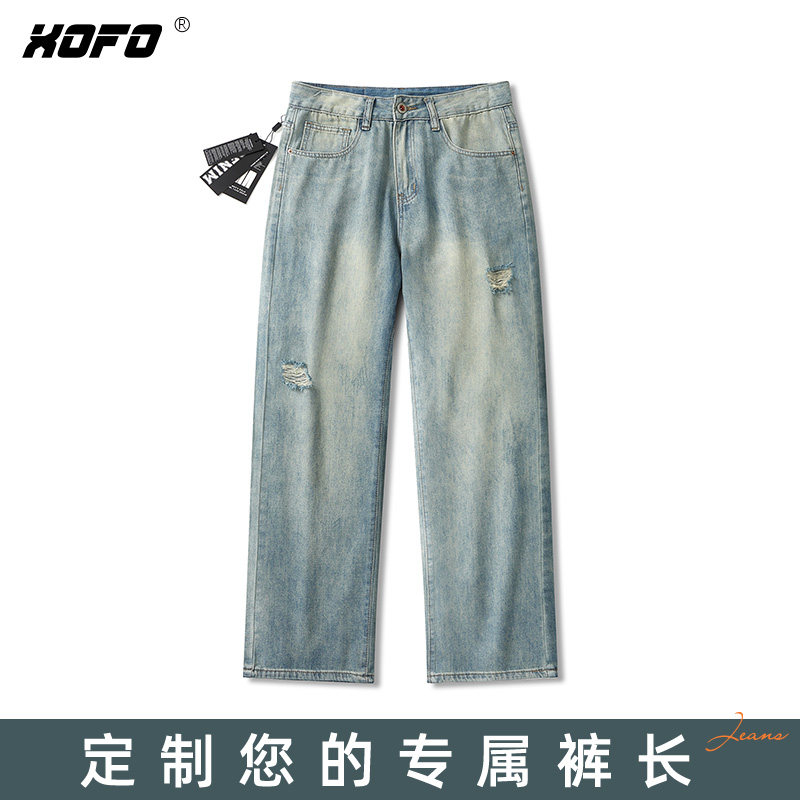 【定制裤长】2026年新款宽松美式复古破洞男士浅色牛仔裤子冬季