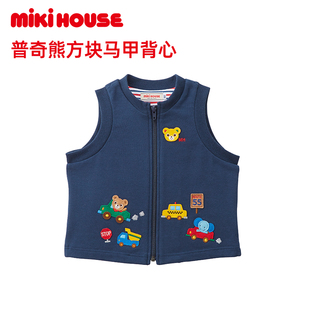 日本制 MIKIHOUSE儿童马甲女童刺绣马甲普奇熊方块马甲背心春秋款