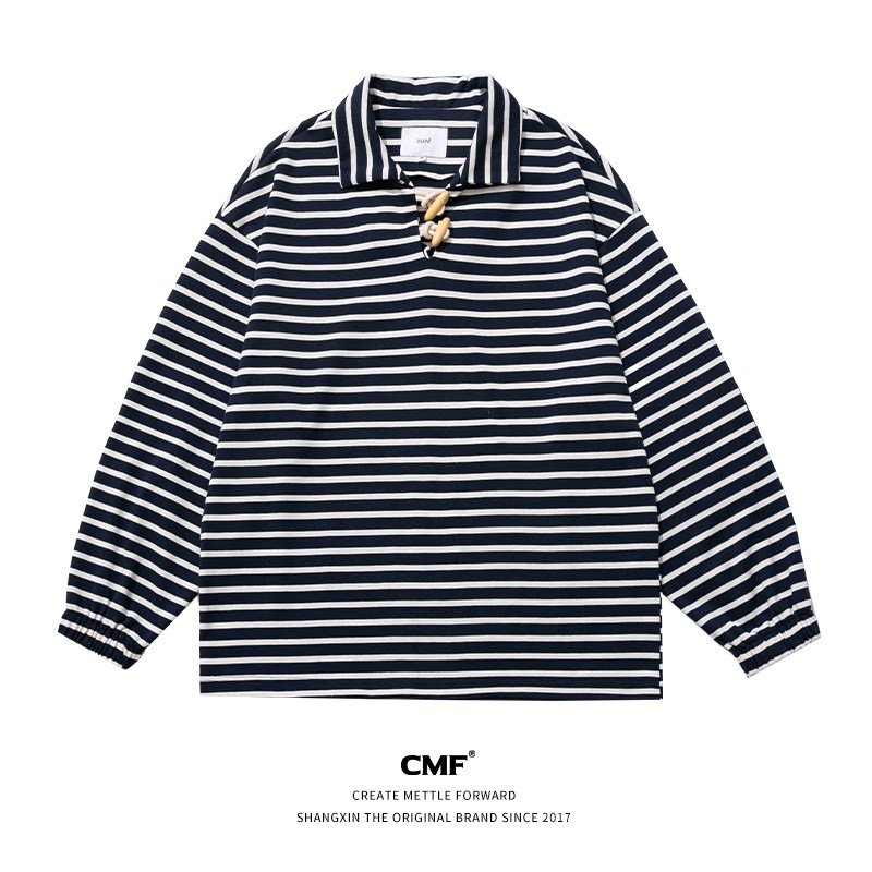 CMF2021日系复古潮牌牛角扣卫衣男宽松小众设计感条纹长袖POLO衫