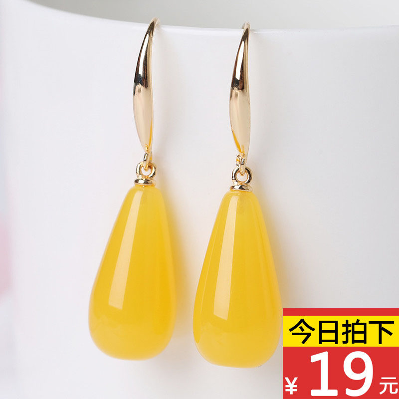 鸡油黄蜜蜡水滴耳坠红血珀女款耳环925纯银防过敏耳钩琥珀耳饰品