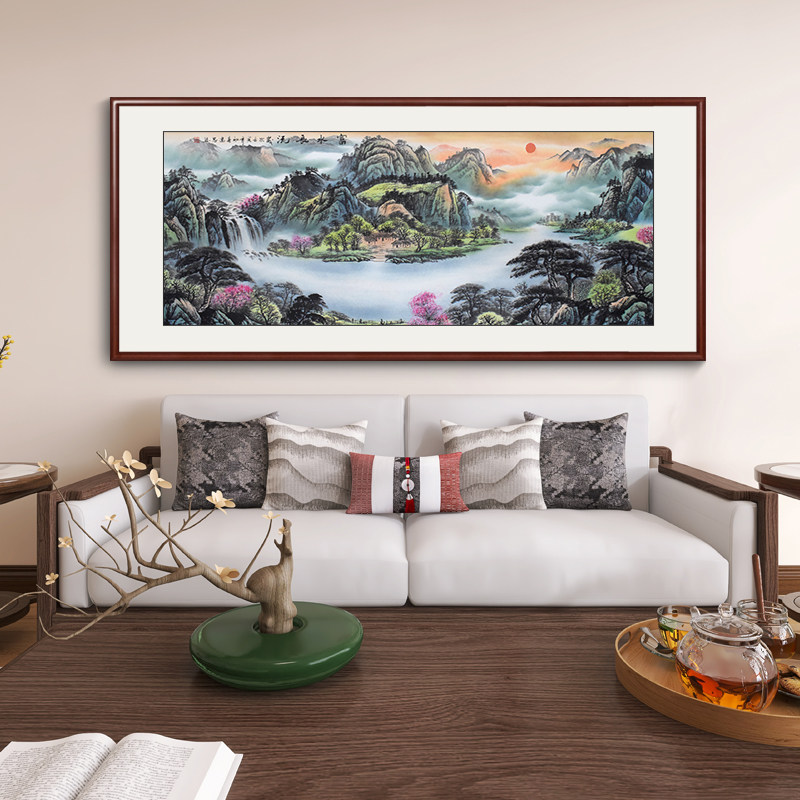 纯手绘山水画客厅挂画真迹鸿运当头字画中堂画背景墙聚宝盆壁画