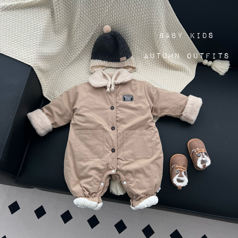 宝宝冬季衣服韩版婴幼儿工装风加绒连体衣男童外出加厚加棉爬服潮