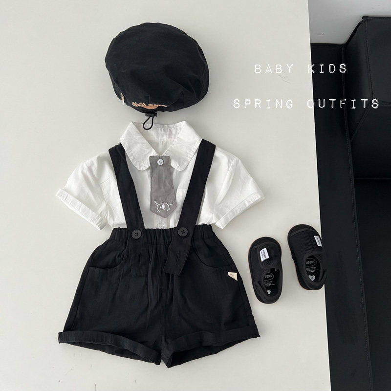 男宝宝夏季衣服婴幼儿童夏装百天周岁白色领带衬衫背带短裤套装潮