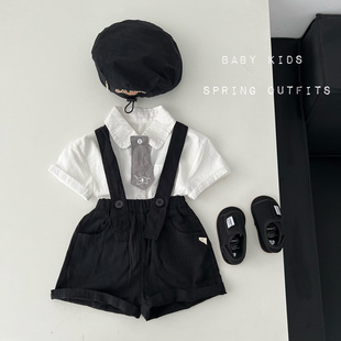 夏季男宝宝衣服婴幼儿童夏装百天周岁白色领带衬衫背带短裤套装潮