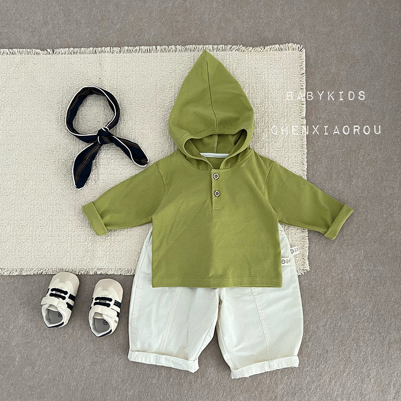ins男宝宝春秋牛油果绿连帽卫衣弯刀休闲裤套装婴幼儿外出两件套