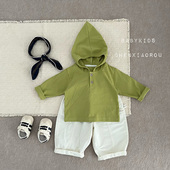 ins男宝宝春秋牛油果绿连帽卫衣弯刀休闲裤 婴幼儿外出两件套 套装