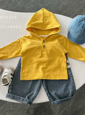 男女宝宝秋装衣服小童秋季连帽卫衣婴幼儿童春秋款黄色显白T恤潮