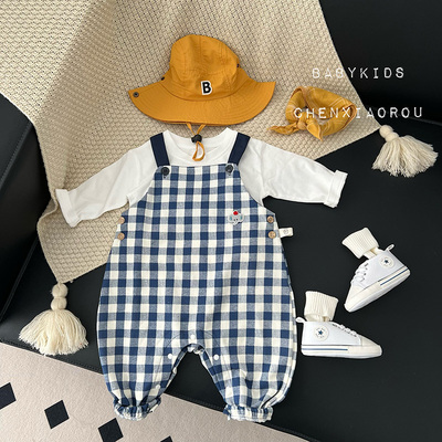 ins男女宝宝春秋可爱格子背带裤婴幼儿童春装外出背带连体衣裤子