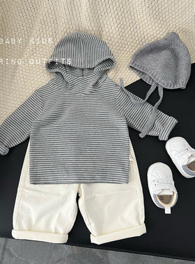 ins男女宝宝春装衣服婴幼儿春秋百搭连帽卫衣外出条纹打底衫T恤潮