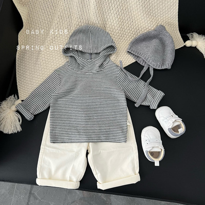 ins男女宝宝春装衣服婴幼儿春秋百搭连帽卫衣外出条纹打底衫T恤潮