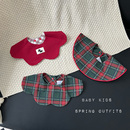 男女宝宝圣诞款格子口水巾婴幼儿童秋冬花瓣滚边围兜红色新年围嘴