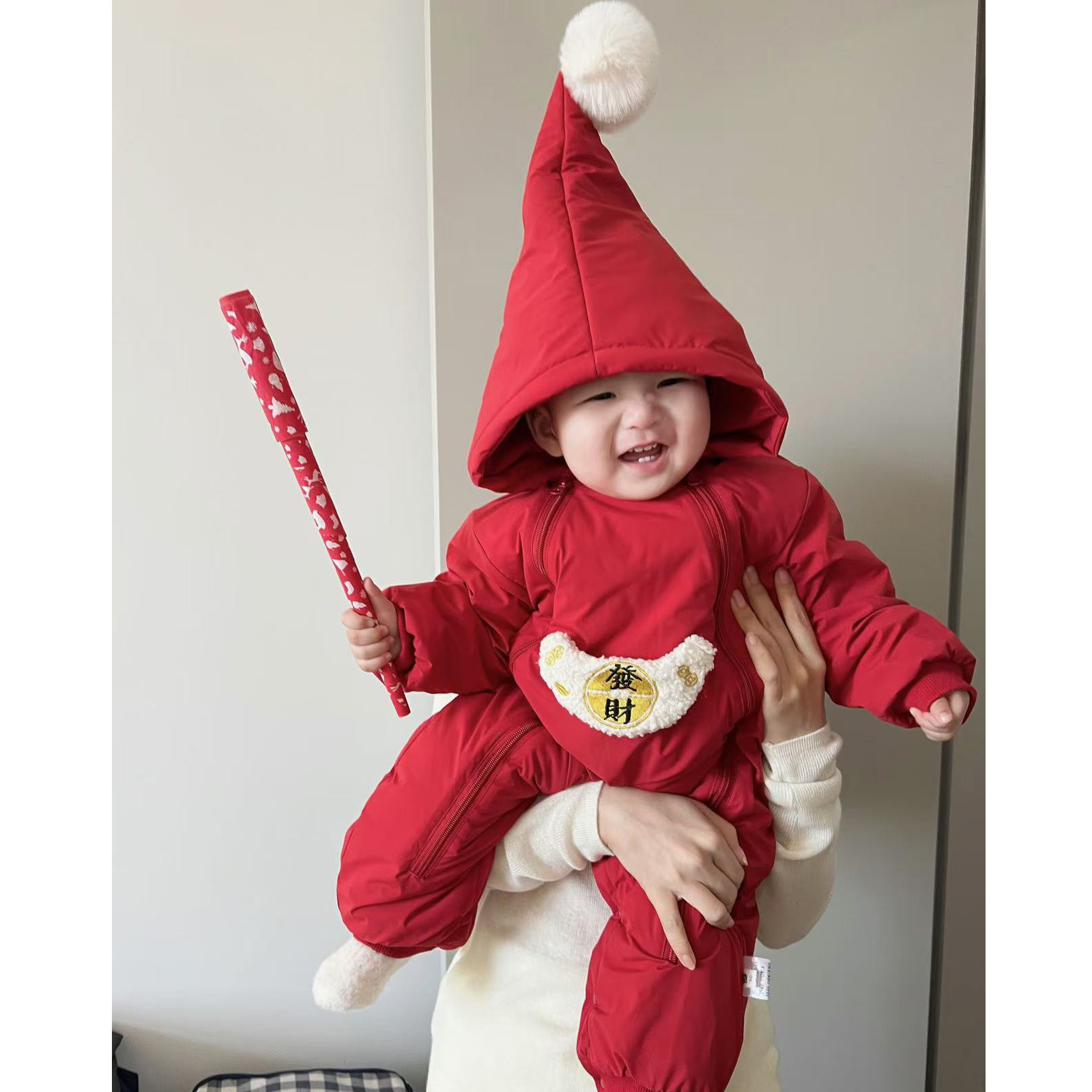 婴儿拜冬装年服男女宝宝加棉加绒连体衣红色新年过年百天周岁衣服