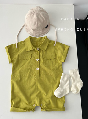 男宝宝夏装衣服婴幼儿夏季绿色工装风短袖外出服帅气连体衣爬服潮