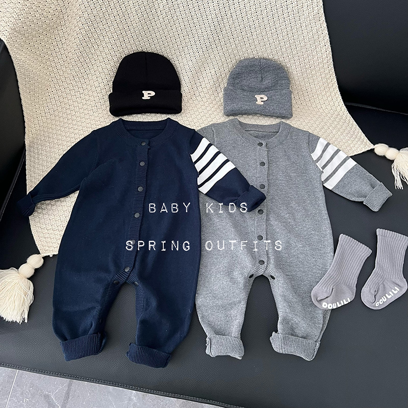 新生儿秋冬衣服秋季婴儿全开扣针织连体衣男宝宝满月百天帅气爬服
