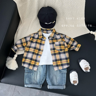 男宝宝春秋帅气格子上衣外套婴幼儿童外出宽松洋气潮范格子衬衫