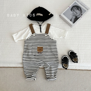 ins春秋男女宝宝可爱卡通背带裤婴幼儿暗扣条纹外出连体衣爬服潮