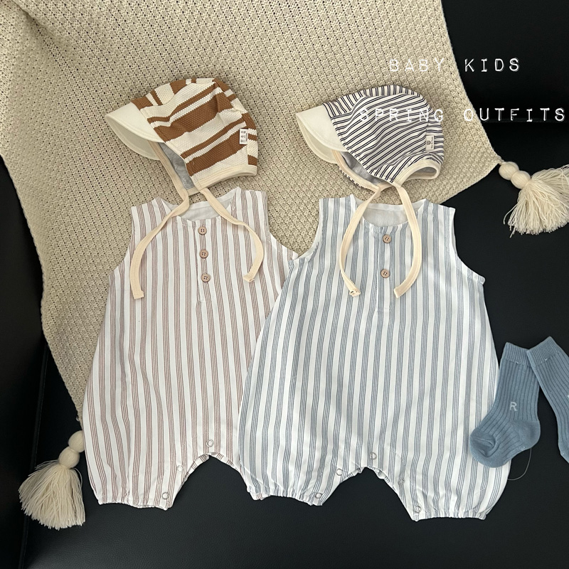INS婴幼儿夏季爬服男女宝宝夏装无袖条纹爬服新生儿外出衣服哈衣