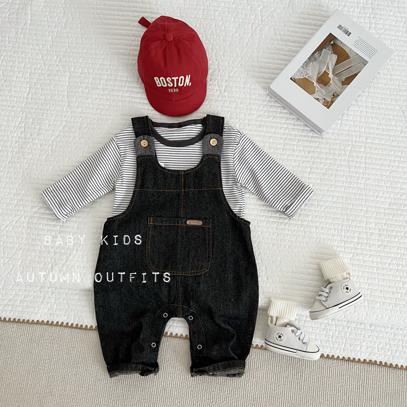 婴幼儿秋天衣服男女宝宝牛仔开档背带裤条纹T恤套装外出两件套潮