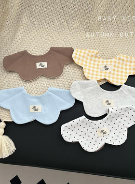 INS韩版婴幼儿双面格子口水巾四季款花瓣男女宝宝围兜吃饭围嘴棉