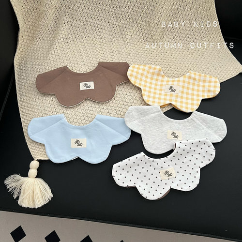 INS韩版婴幼儿双面格子口水巾四季款花瓣男女宝宝围兜吃饭围嘴棉