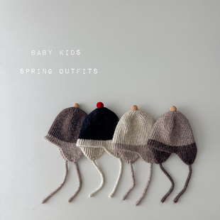 ins秋冬男女宝宝护耳针织帽婴幼儿童外出系带保暖撞色毛线帽子潮